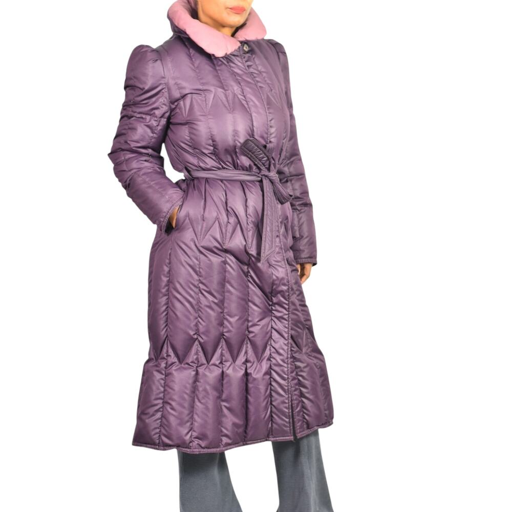 Vintage Quilted Puffer Coat Purple Duck Goose Down Long Midi Puff Sleeves Small